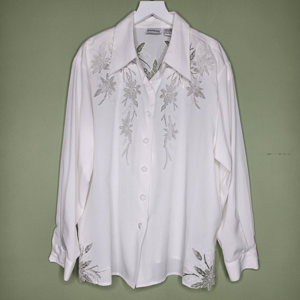 Vintage White Blouse LP Laser Cut Floral Old Money Preppy Office Secretary L/S - Picture 4 of 10